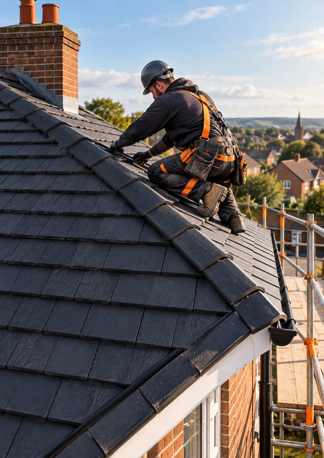 Ultra Roof Care roofer working on a tiled roof in Sussex